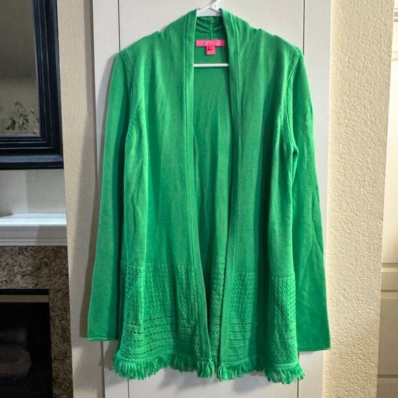 Lilly Pulitzer Cabana Green Open Front Noble Cardigan Fringe Size Medium - Picture 2 of 6